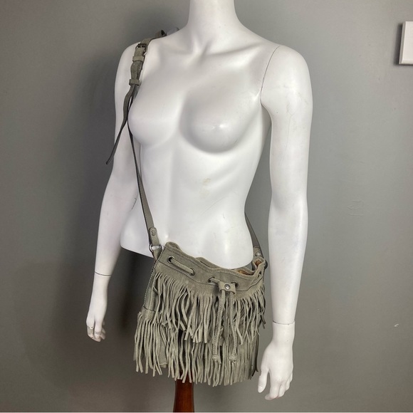 Patricia Nash Bronte Gray Suede Bohemian Drawstring Bucket Bag fringe - Picture 1 of 16